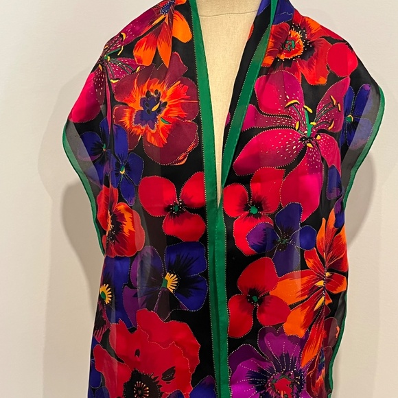 Vintage Ellen Tracy Rectangular Silk Scarf - Black with Vibrant Floral 58"L - Picture 4 of 6